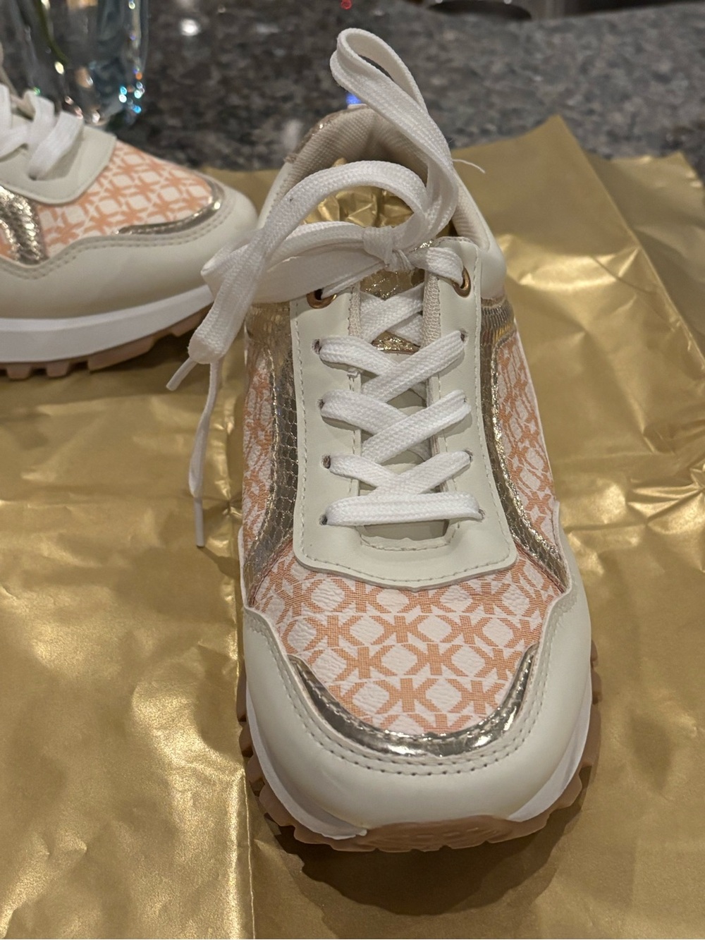 Michael Kors Cream and Peach Logo-Print Athletic Sneaker with Silver Trim